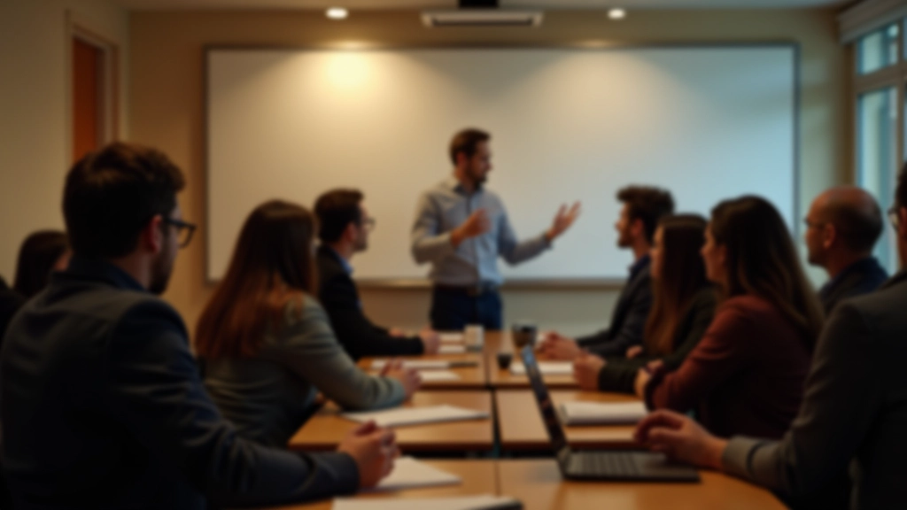 Salle de classe avec des étudiants adultes assis à des tables en train de suivre un cours en soirée avec tableau blanc