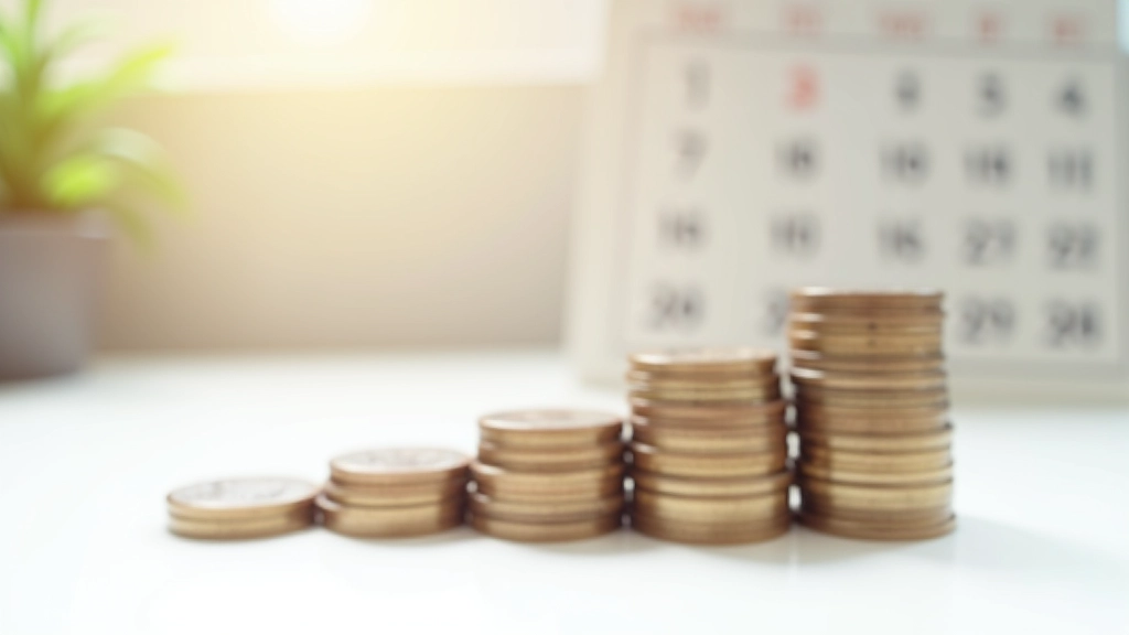 Plan d'épargne mensuel avec des pièces de monnaie empilées progressivement et un calendrier