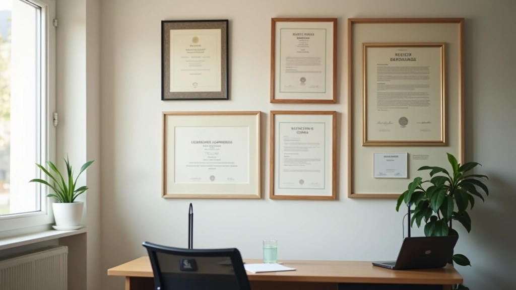 Certificat académique et diplôme encadré sur mur d'office professionnel