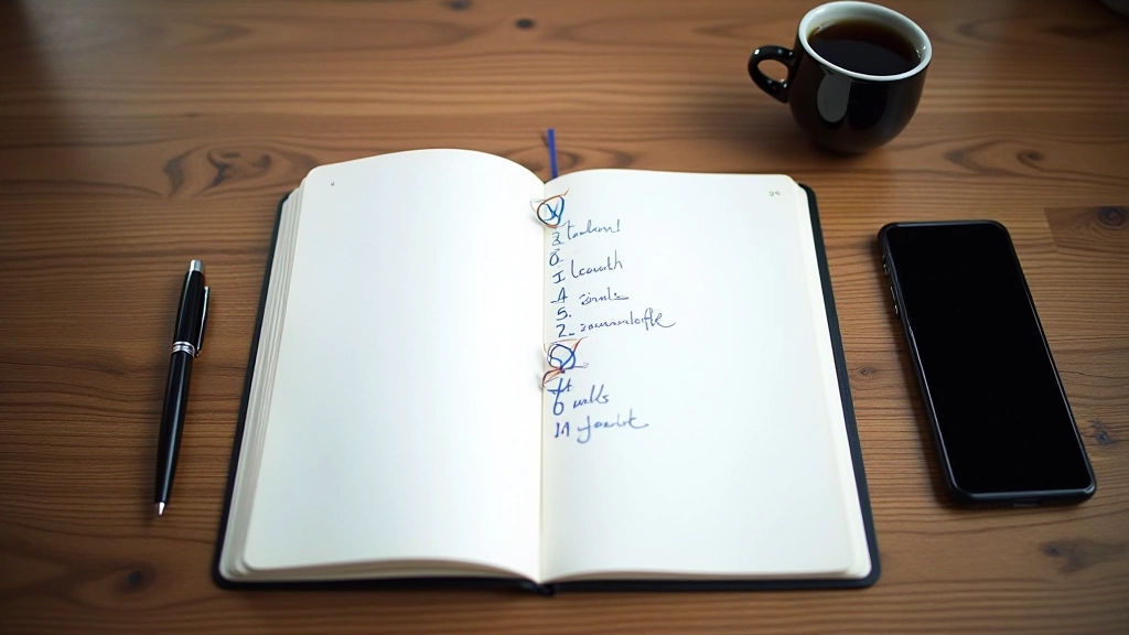 Cahier ouvert avec notes manuscrites sur une table de bureau, à côté d'une tasse de café et d'un téléphone