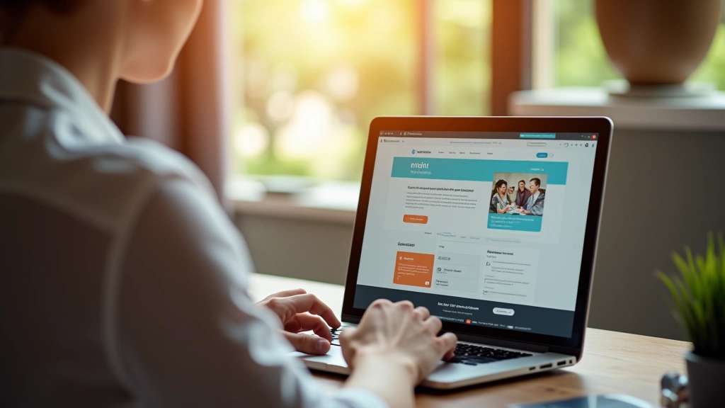 Personne utilisant un ordinateur portable avec interface de plateforme d'apprentissage en ligne visible à l'écran, lumière naturelle du jour