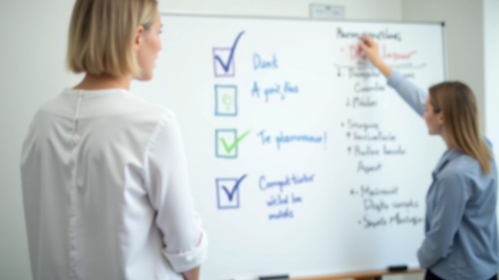 Tableau blanc avec des notes de formation et des listes d'objectifs, planification pédagogique visible
