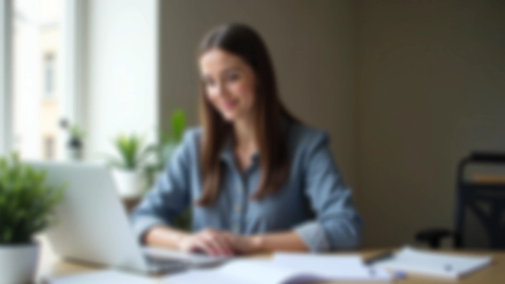 Femme adulte travaillant sur un ordinateur portable à son bureau, documents de formation visibles, lumière naturelle