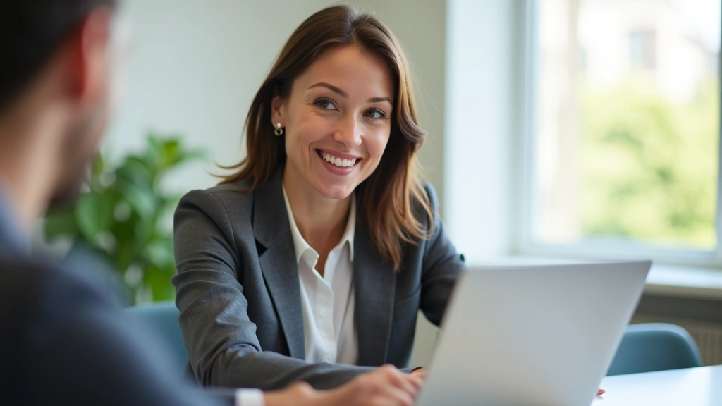 Femme adulte assise à un bureau en train de consulter un ordinateur portable dans une salle de classe lumineuse