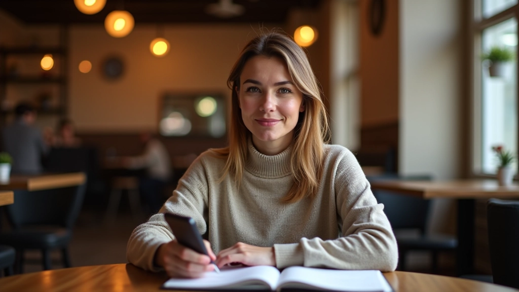 Femme parcourant un catalogue de formations en ligne sur son téléphone, assise dans un café avec un carnet de notes